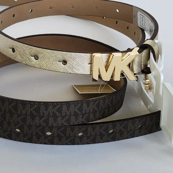 Michael Kors Tan Monogram Belt with Gold MK Buckle Michael Kors Gold MK Buckle Dark Brown Monogram Letters Belt  main image 3